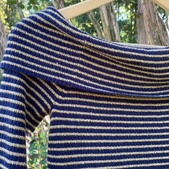 FRAME Off Shoulder Textured Wool Blend Sweater in Blue/Mustard Yellow - Picture 11 of 12